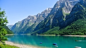 switzerland, glarus, mountains, lake, shore - wallpapers, picture
