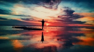 silhouette, coast, sunset, freedom, motivation - wallpapers, picture