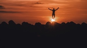 silhouette, mountains, jump, sunset