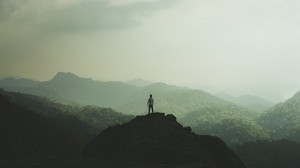 silhouette, mountains, fog, peak, loneliness, freedom