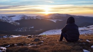 silueta, montañas, puesta de sol, paisaje, soledad