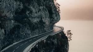 rock, road, cliff, sea, sunset - wallpapers, picture