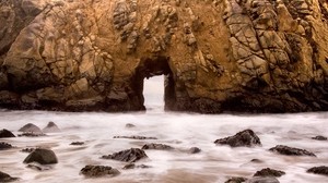 rock, hole, passage, arch, river, stream, stones - wallpapers, picture