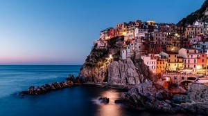 felsen, stadt, meer, sonnenuntergang, italien