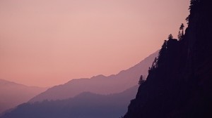 rock, mountains, trees, evening, cliff