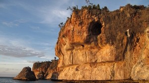 rock, cliff, shore, hole, gorge