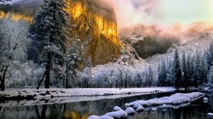 rock, light, gold, lake, snow, shore - wallpapers, picture