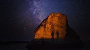 rock, shadows, starry sky, milky way, shark fin cove, davenport, usa