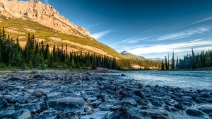 felsige berge, fluss, steine, atabasca, alberta, kanada, hdr