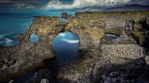 rocks, arch, reefs, pebbles, stones, sea, coast, clouds, volumetric, hole