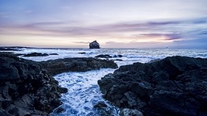 rocks, coast, sea, evening, cold, foam, gloomy - wallpapers, picture