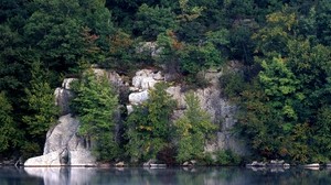 rocks, trees, lake, vegetation, water surface