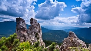 rocks, mountains, shrub, trees, sky - wallpapers, picture