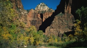 rocks, stones, mountain river, trees, autumn, branches, shadow