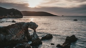 rocks, sea, sunset, sky, horizon