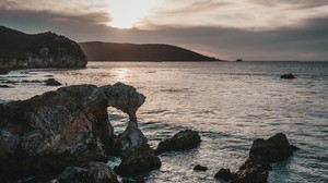 rocas, mar, atardecer, cielo, horizonte