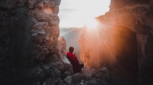 rocks, loneliness, sunlight, rays - wallpapers, picture
