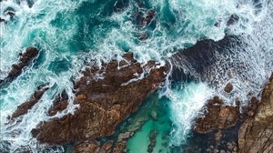 rocks, ocean, aerial view, coast, waves