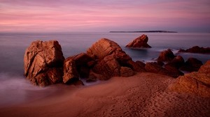 rocks, sand, sea, sky