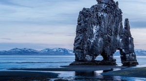 rocks, coast, shore, water, mountains