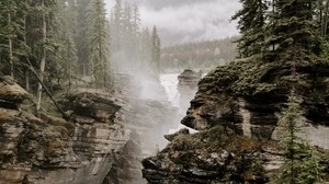 rocks, river, fog, trees, cliffs - wallpapers, picture