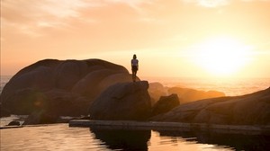 rocks, silhouette, sunset, water, south africa - wallpapers, picture