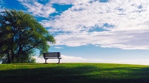 bench, sky, clouds