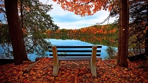 bench, autumn, river, lake, trees