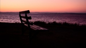 长凳，日落，海洋，地平线，忧郁，孤独