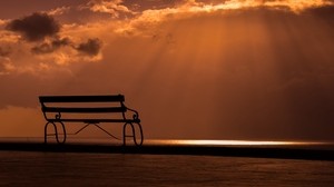 bench, sunset, sky, clouds
