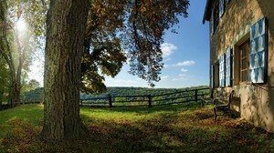 bench, tree, yard, wall, fence - wallpapers, picture