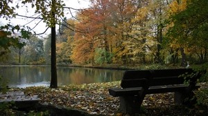 bench, lake, autumn, forest, trees, stream, leaf fall - wallpapers, picture
