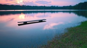 bench, water, lake, evening, sunset, surface