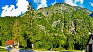 Slovenia, mountains, houses, road, clear, shadows