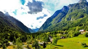 Slovenia, mountains, sky, houses, green, meadows, bright, sunny