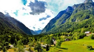 Eslovenia, montañas, cielo, casas, verde, prados, brillante, soleado