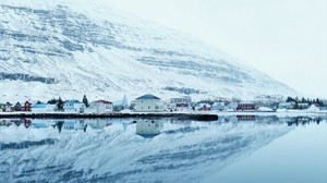 snow, hills, river, buildings