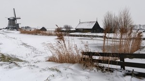 snow, mill, village, cold, farm, house, ears