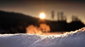 snow, the sun, grains, macro, sunset