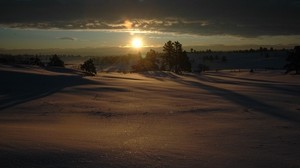 snö, vinter, solnedgång, kväll, hölje, matta, snödrivor, glans, strålar