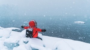 snowfall, man, snow, winter, freedom - wallpapers, picture