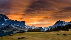 snowy mountains, sunset, grass, sky - wallpapers, picture