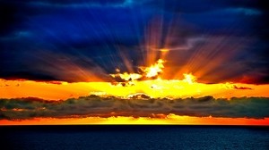 the sun, rays, sky, horizon, sea, orange, sunset