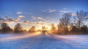 the sun, rays, field, football, goal, hoarfrost, frost - wallpapers, picture