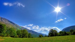 the sun, light, rays, meadow, glade, summer, day