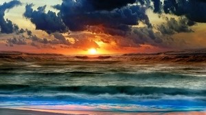 sun, water, sea, sky, sunset, waves, clouds, colors