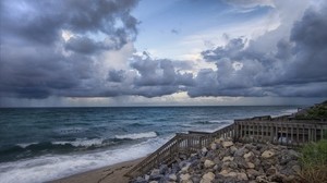 descent, stairs, railing, shore, rocks, cloudy