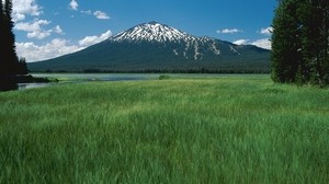 sleeping volcano, mountain, peak, trees, river, meadow, grass - wallpapers, picture
