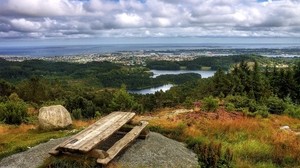 table, benches, dais, view, islands, city, stones, forest - wallpapers, picture