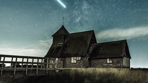 structure, starry sky, meteorite, bridge, grass, night